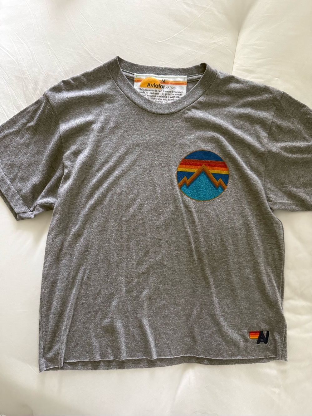 Aviator Nation Women’s Gray Crewneck T-Shirt with Sunset Mountain Patch - NEW